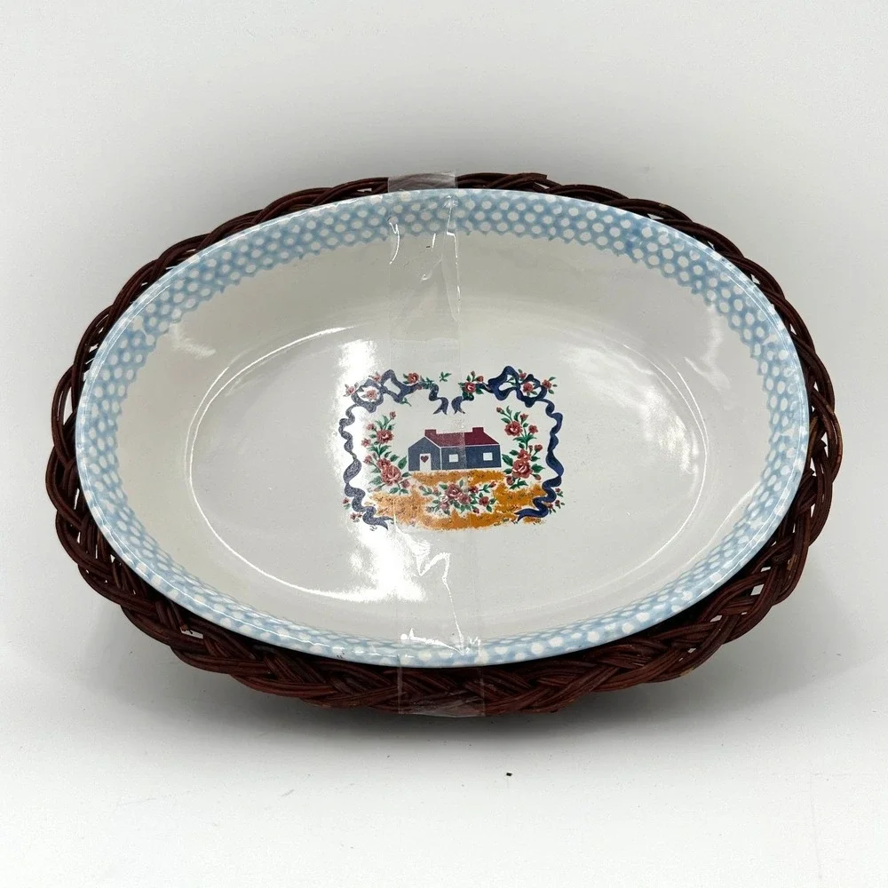 Vintage Teamson 1995 Country Home Farmhouse Baking Dish Stoneware‎ & Basket